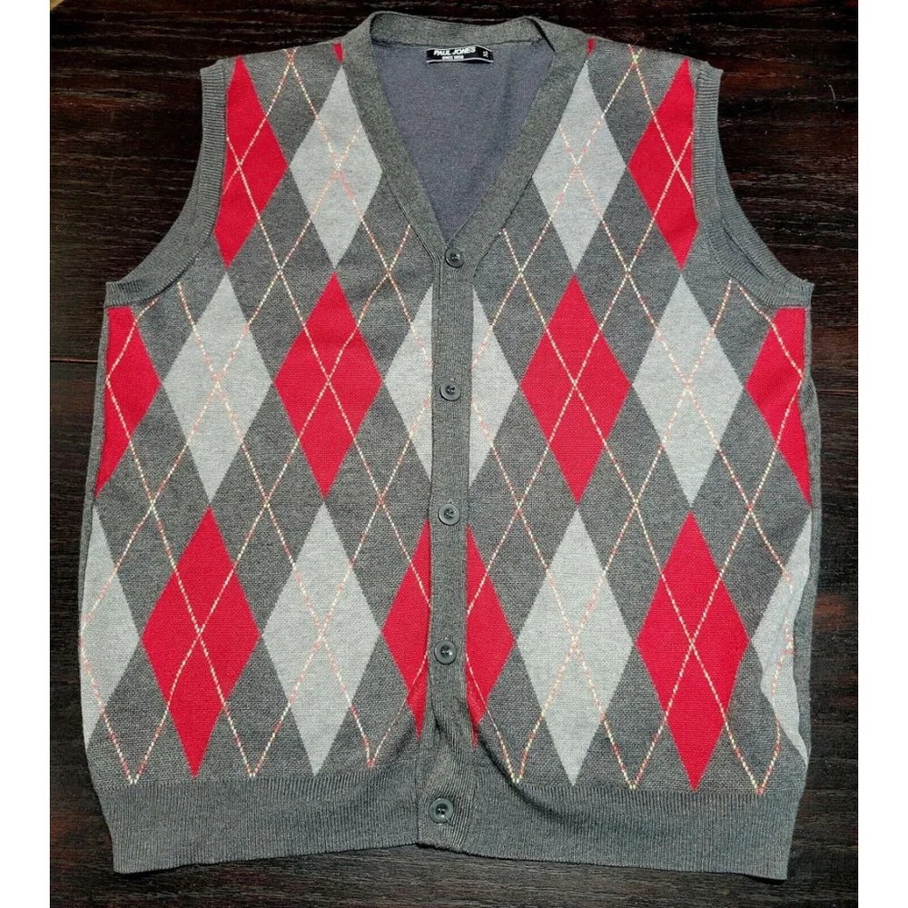 Paul Jones Mens Sweater Vest Cardigan Button Front Knitwear Gray Red Argyle XL